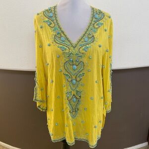 Boston Proper Yellow Top with Silver Stripes